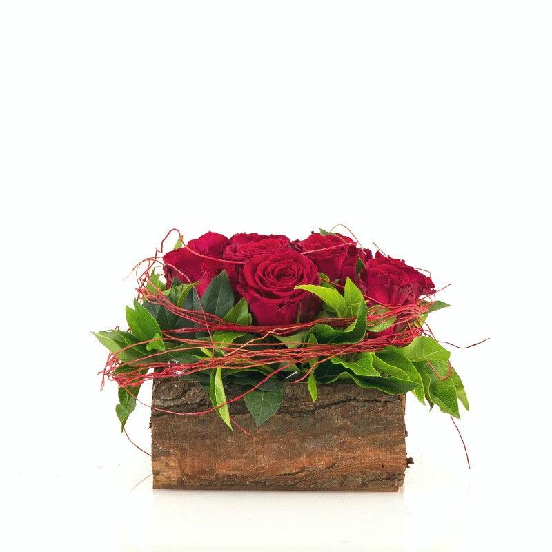 Ten red roses in a wooden box with greenery - Fabulous Flowers