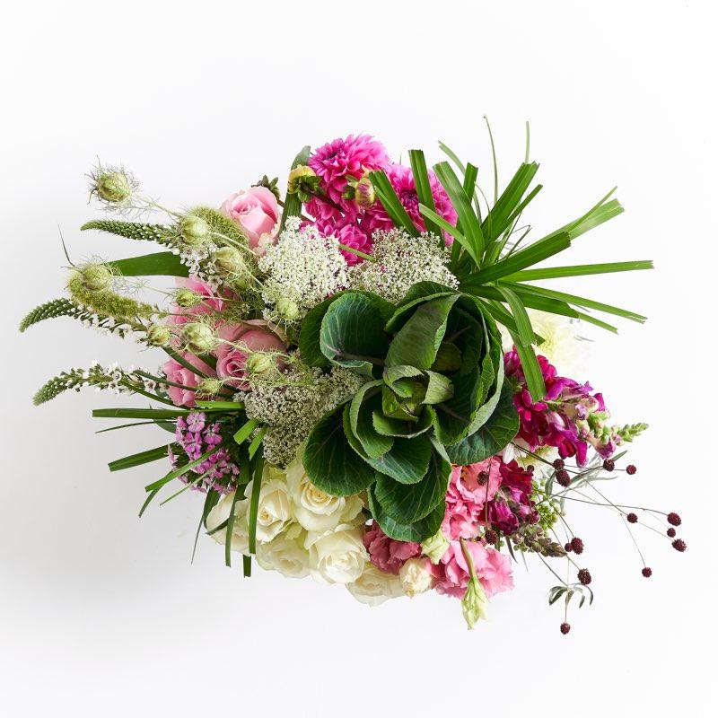 White Roses Pink Roses Dahlias Kale Snapdragons Lace Lizzies Sweet William Greenery Large floral container | Fabulous Flowers
