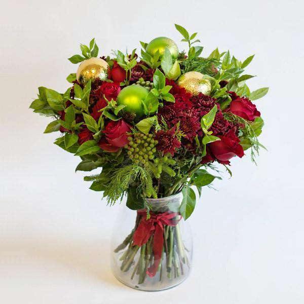 Christmas Flowers in a Glass Vase with Red Roses and Chrysanthemums and baubles - Fabulous Flowers