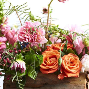 Bohemian Rhapsody floral arrangement in a wooden box with pink and orange flowers - Fabulous Flowers Cape Town Flower Delivery