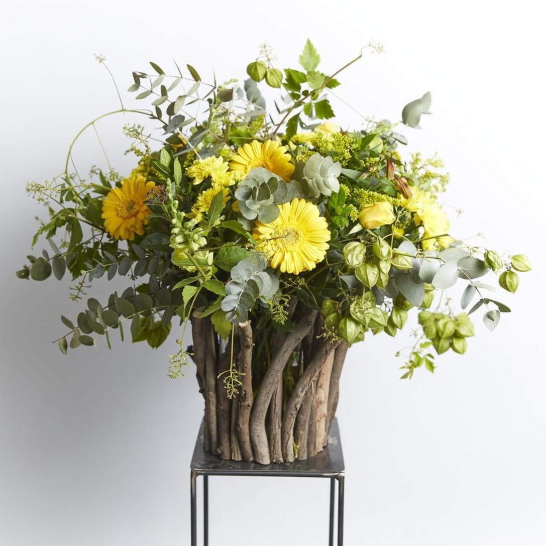 Yellow flower arrangement with wooden container - Fabulous Flowers 